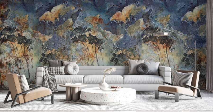 Lebendige florale Wandmalerei in kräftigen Farben Blau Aquarell - Hauptproduktbild