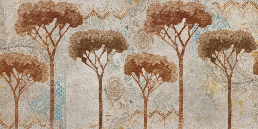 Fototapeta z mozaiką w ciepłych odcieniach z przeważającym motywem sosny pinii Brązowa Sosna - zdjęcie numer 2