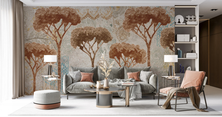 Mosaik-Wandbild in warmen Tönen mit vorherrschendem Kiefernmotiv Brown Pine - Hauptproduktbild