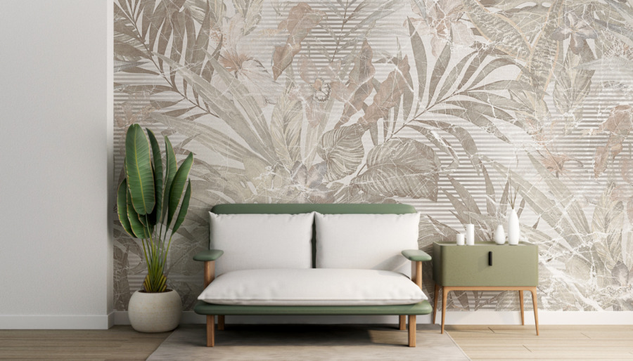 Fototapete mit exotischem Blumenmotiv Warme Palmen in Grautönen - Hauptproduktbild