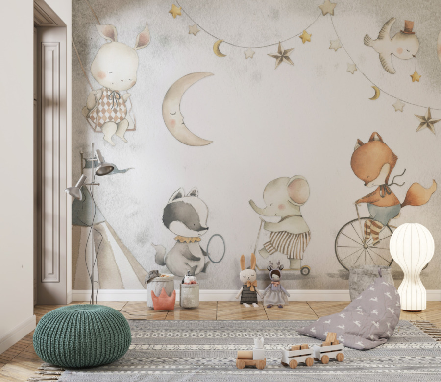 Fototapete mit bunten Tieren, Mond und Sternen Time for Sleep für Kinderzimmer - Hauptproduktbild