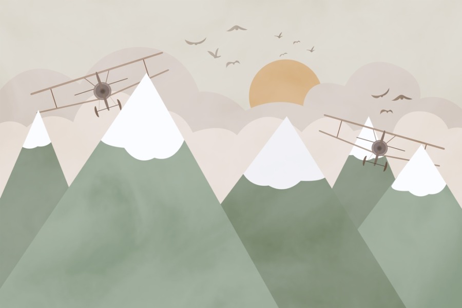 Fototapeta z grafiką starych samolotów w przechyle Dwa Samoloty Nad Górami - zdjęcie numer 2