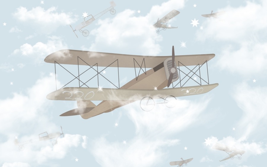 Fototapeta z dawną maszyną latającą wśród delikatnych chmur Dwupłatowiec We Mgle - zdjęcie produktu numer 2