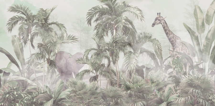 Fototapete mit Elefant und Giraffe versteckt in einem tropischen Dschungel Wilde Tiere im Nebel - Bild Nummer 2