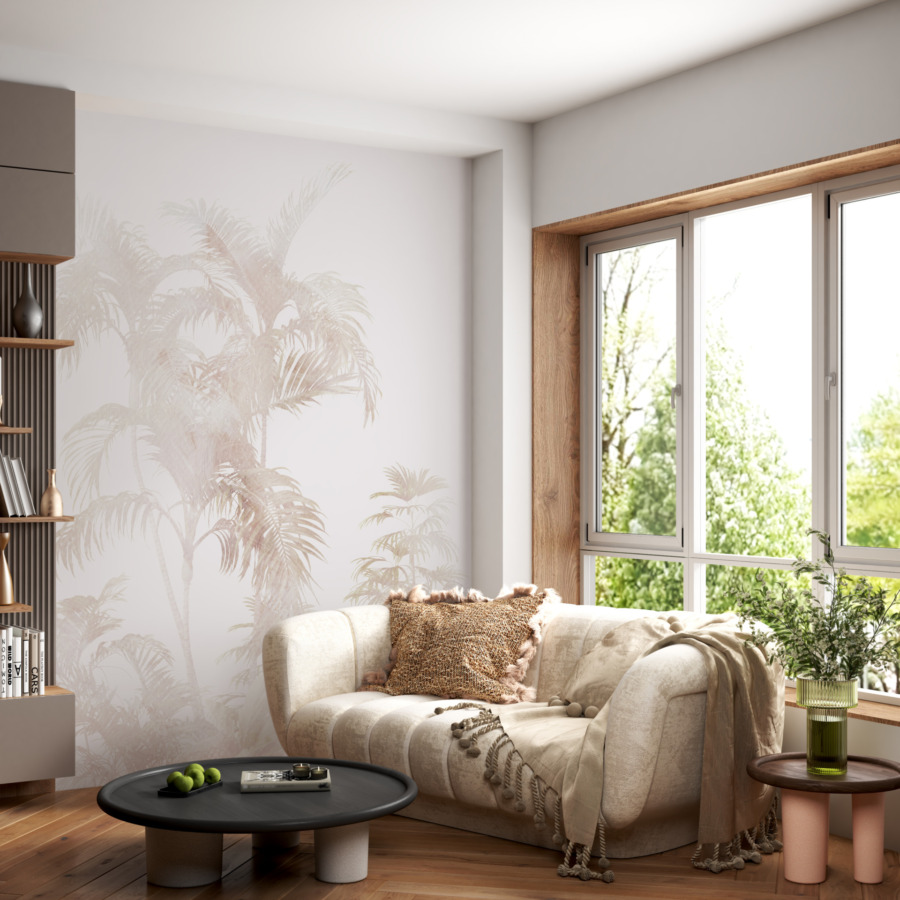 Fototapete in sanften, hellen Tönen, mit Blumenmotiv Exotic Palm in Weiß - Hauptproduktbild