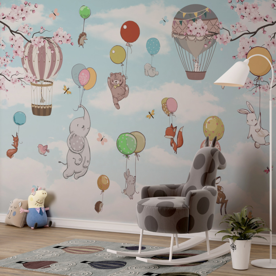 Fototapete mit buntem Motiv von Tieren, Luftballons und Kirschblüten Früchte mit Luftballons für Kinderzimmer - Hauptproduktbild
