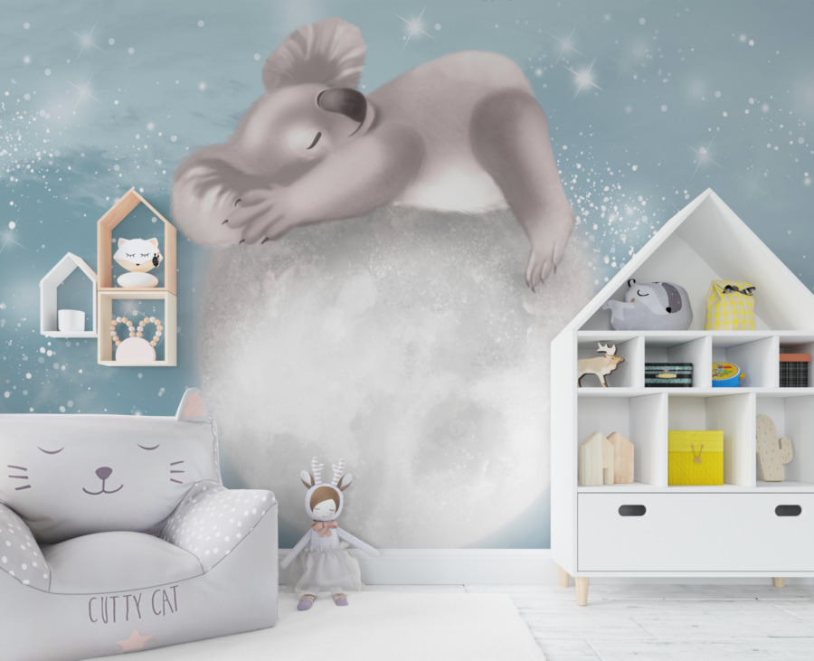 Märchenhafte Illustration Fototapete in gedeckten Farben Koala auf dem Mond für Kinderzimmer - Hauptproduktbild