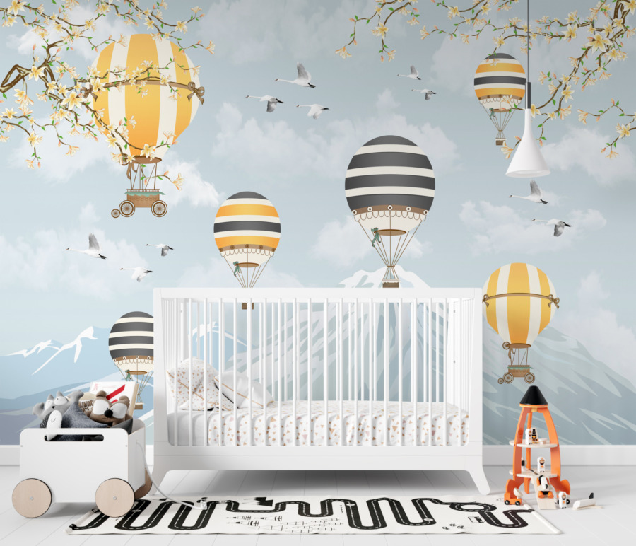 Fototapete in fröhlichen Farben mit blauem Himmel und Kirschblütenmotiv Bunte Luftballons über den Bergen für das Kinderzimmer - Hauptproduktbild