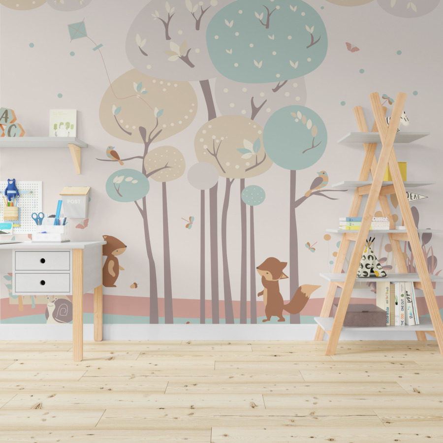 Fototapete in sanften Farben mit Bäumen und Tieren Colourful Trees für Kinderzimmer - Hauptproduktbild