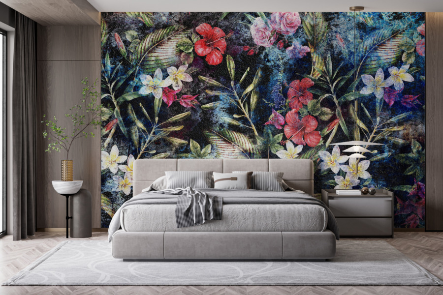 Fototapete im Boho-Stil mit starkem farbigen Blumenakzent Bunte Blumen auf dunklem Hintergrund - Hauptproduktbild