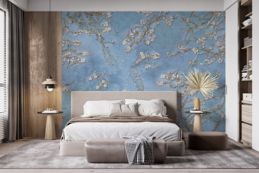 Fototapete mit zartem Blumenmotiv in himmlischer Atmosphäre Cherry Blossom in Blue - Hauptproduktbild