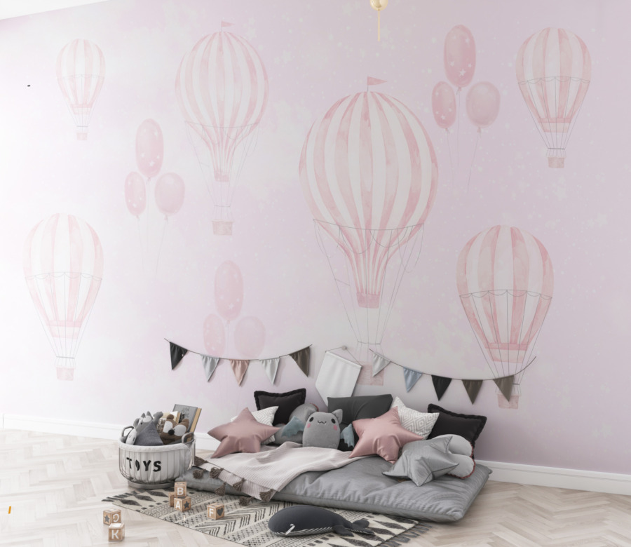 Fototapete in sanften Tönen, mit Luftballons, die in einem rosa Himmel fliegen Flight of the Pink Balloon - Hauptproduktbild