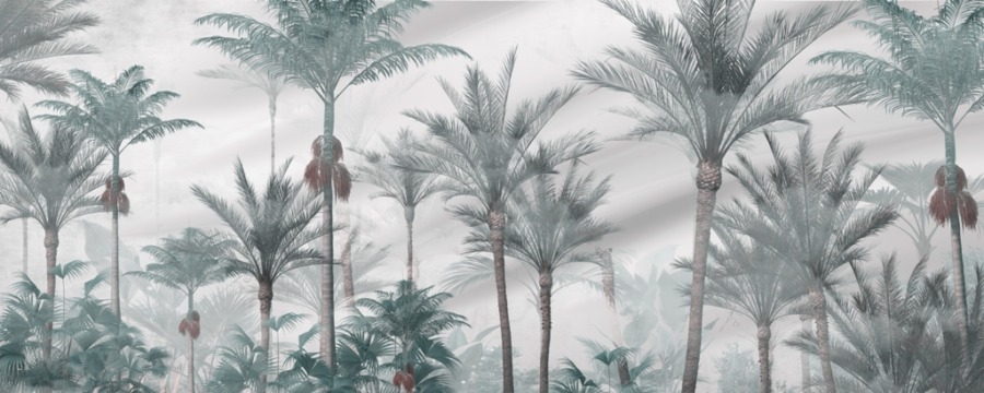 Fototapete mit Kokosnusspalmen in grauem Nebel über dem Palmenwald - Bild Nummer 2