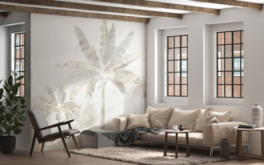 Fototapete in Weiß- und Grautönen mit exotischem Motiv Palm in White - Hauptproduktbild