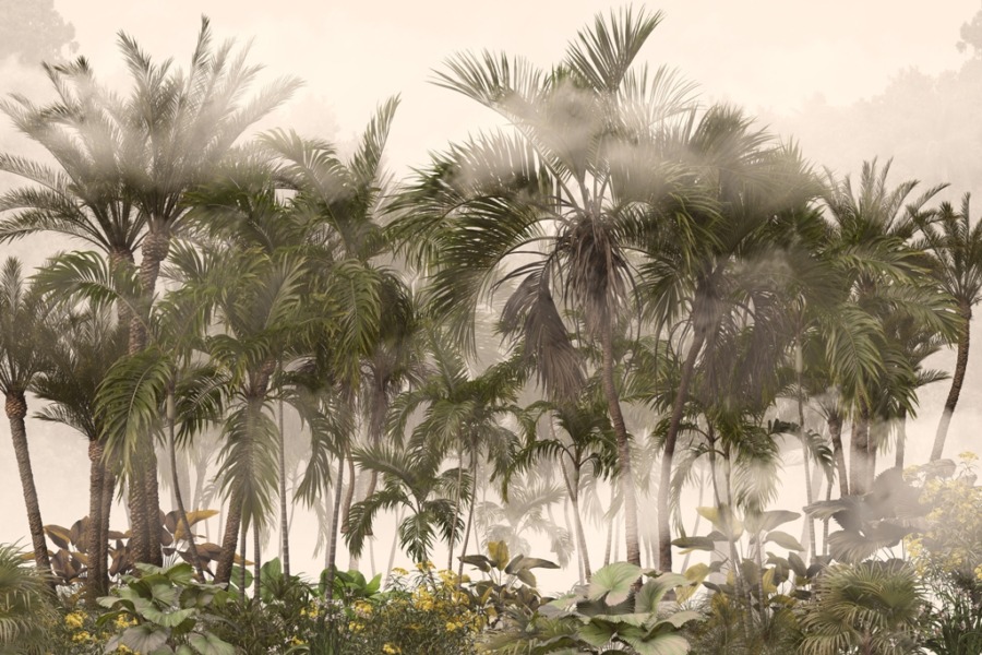 Fototapeta z gąszczem egzotycznych drzew w zieleni i szarości Palmy w Dżungli - zdjęcie numer 2