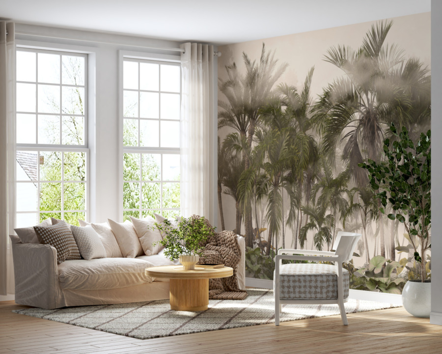 Fototapete mit einem Dickicht aus exotischen Bäumen in Grün und Grau Palmen im Dschungel - Hauptproduktbild