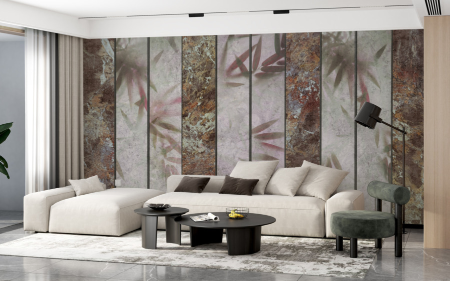 Moderne Fototapete mit Steinstruktur und floralem Motiv - Vertikale Streifen aus Marmor - Hauptproduktbild