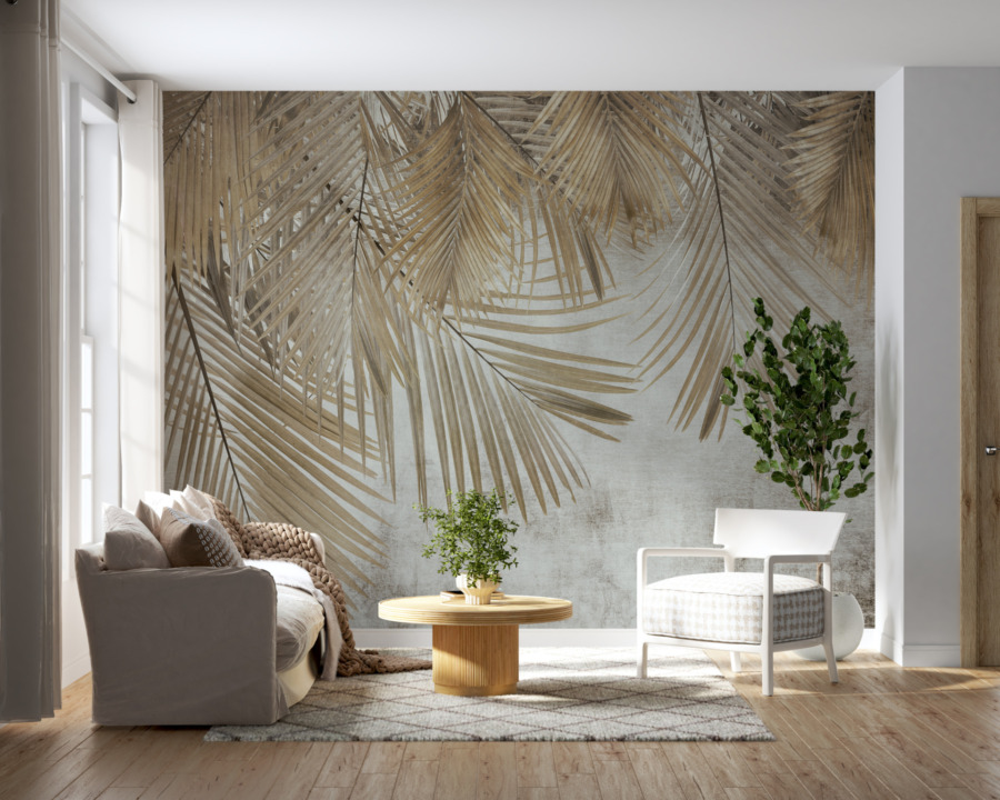 Fototapete in warmen, sanften Farben mit exotischem Motiv Wand mit Blättern bedeckt - Hauptproduktbild