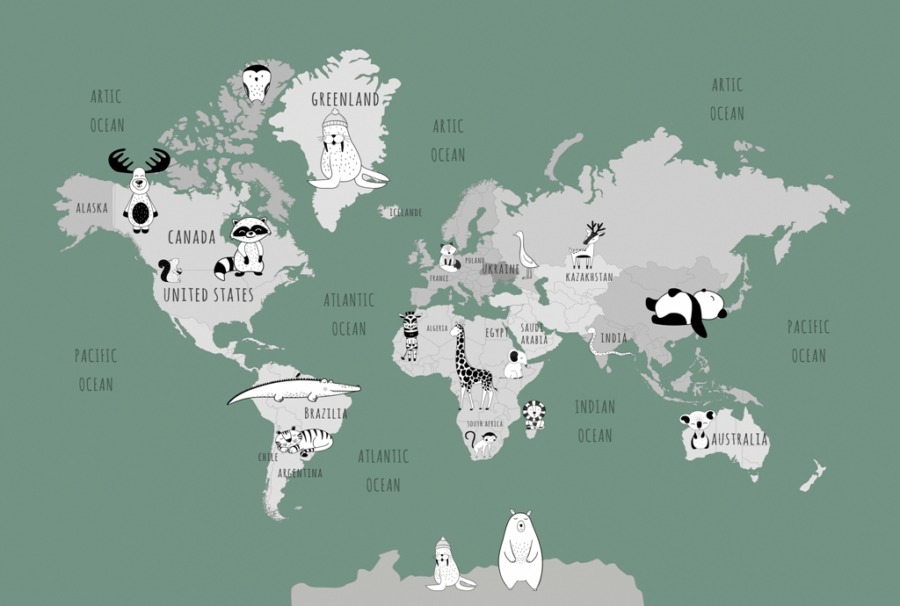Fototapete mit Kontinenten und Tieren Seledyn Karte der Welt - Bild Nummer 2