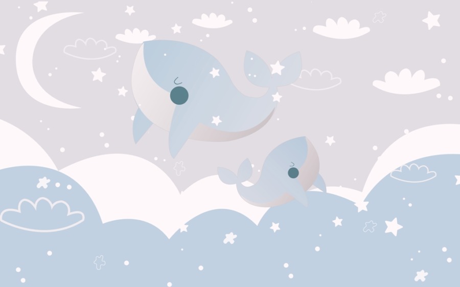 Fototapeta w ciepłych odcieniach błękitu i bieli z księżycem i gwiazdami Senne Wieloryby do pokoju dziecięcego - zdjęcie numer 2