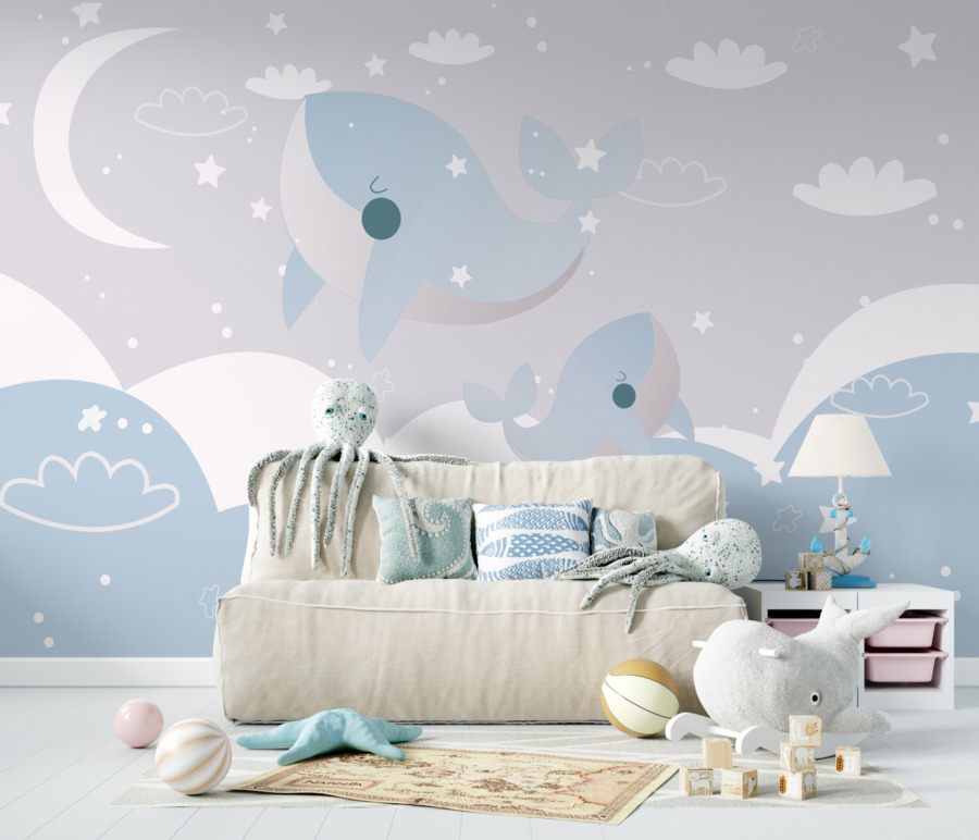 Fototapete in warmen Blau- und Weißtönen mit Mond und Sternen Schlafende Wale für das Kinderzimmer - Hauptproduktbild