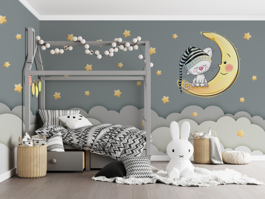 Fototapete Nachthimmel in gedeckten Farben Schlafende Katze auf dem Mond für Kinderzimmer - Hauptproduktbild
