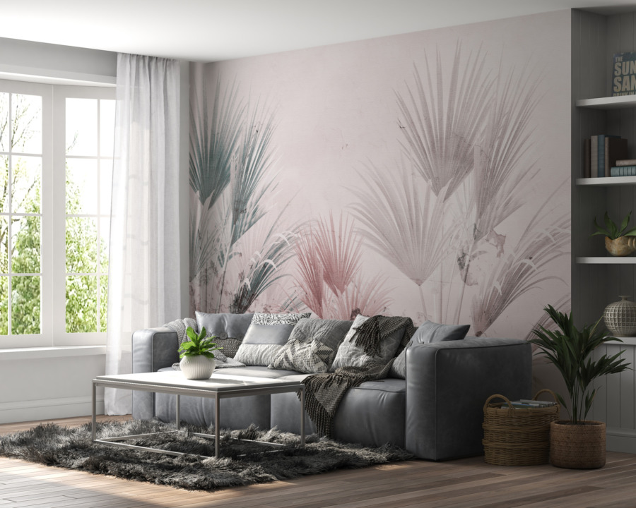 Fototapete mit luftigem und zartem Motiv von exotischen Pflanzen in Rosa- und Grautönen Bunte Grasfächer - Hauptproduktbild