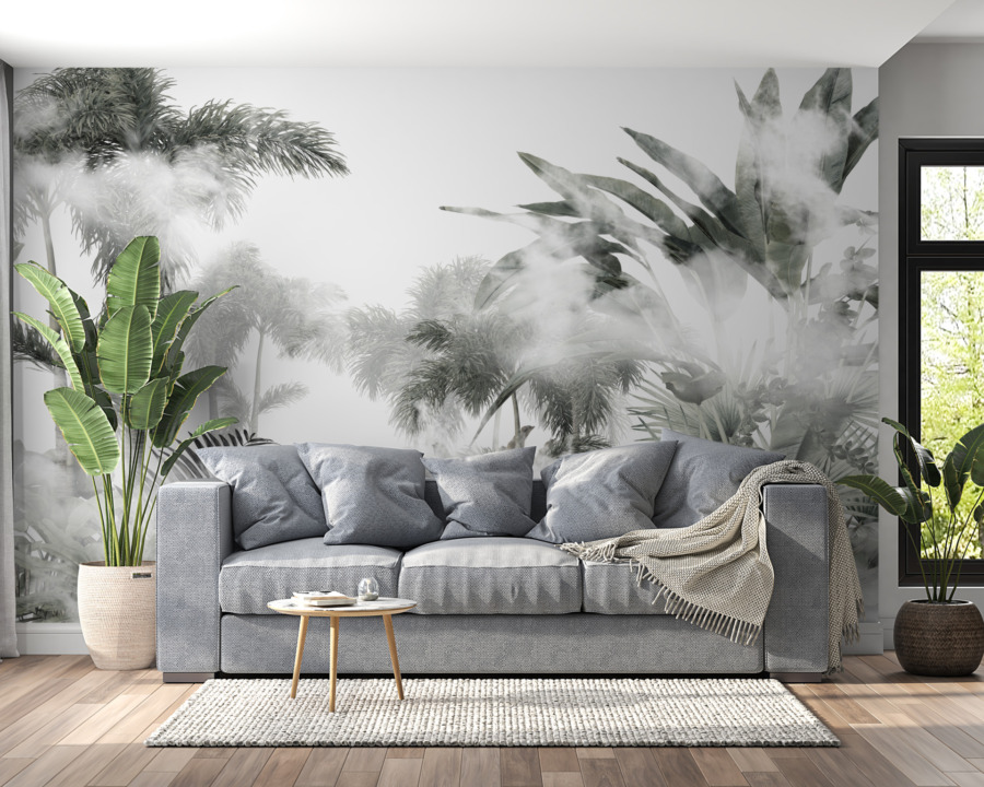 Fototapete im skandinavischen Stil mit tropischem Dschungel in Grautönen Tops of Palms Behind the Mist - Hauptproduktbild