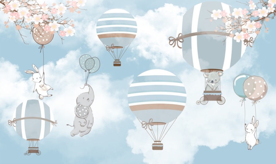 Tapete mit Tieren und Kirschblüten in gedeckten Farben Frühlingsballonfahrt für Kinderzimmer - Bild Nummer 2
