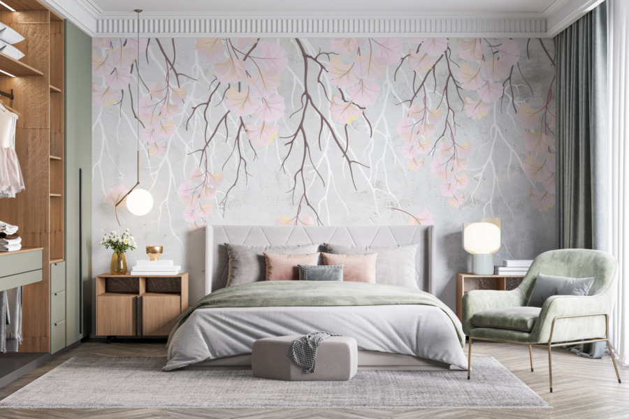 Fototapete mit rosa blühenden Zweigen in grau Fluttershy Twigs - Hauptproduktbild