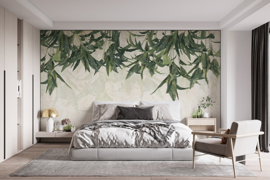 Fototapete mit exotischen Blättern auf grauem Hintergrund Green Ceiling - Hauptproduktbild