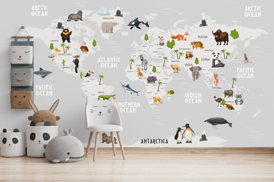 Fototapete in Grau mit Tieren auf einer Weltkarte Tiere auf Kontinenten - Hauptproduktbild