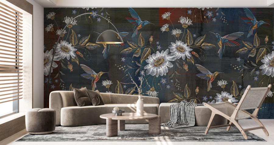 3D-Wandbild mit kräftigen Farben Weiße Blumen und Kolibris - Hauptproduktbild