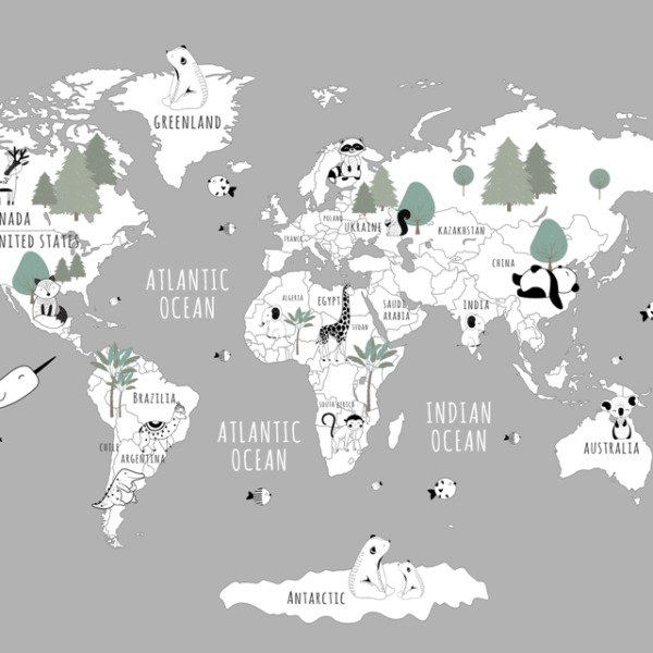 Wandbild Bäume auf einer Weltkarte