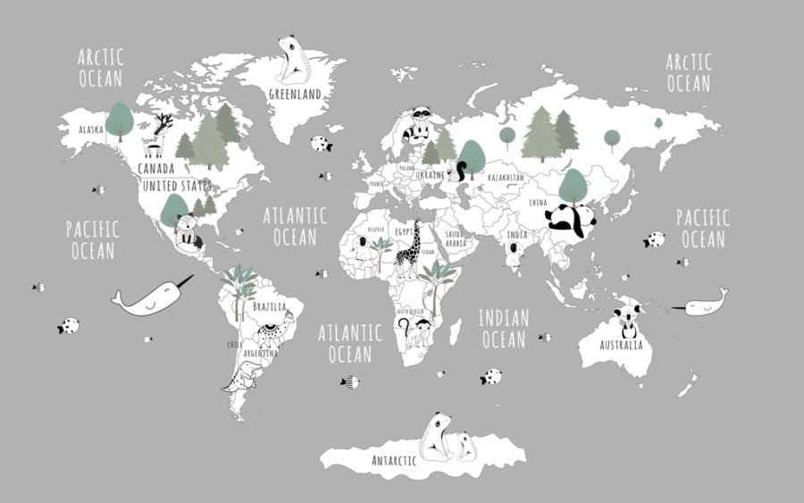 Fototapeta z kontynentalną mapą świata w delikatnej tonacji Drzewa Na Mapie Świata - zdjęcie numer 2