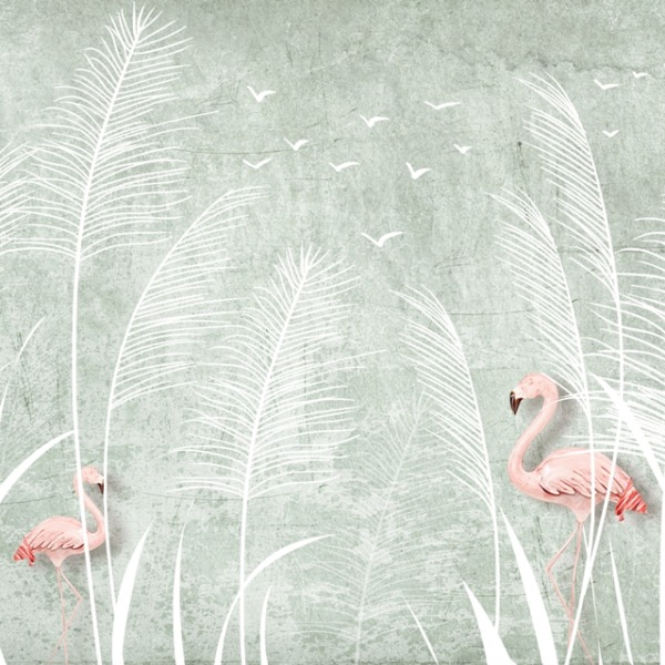 Fototapete Flamingos auf einer weißen Wiese