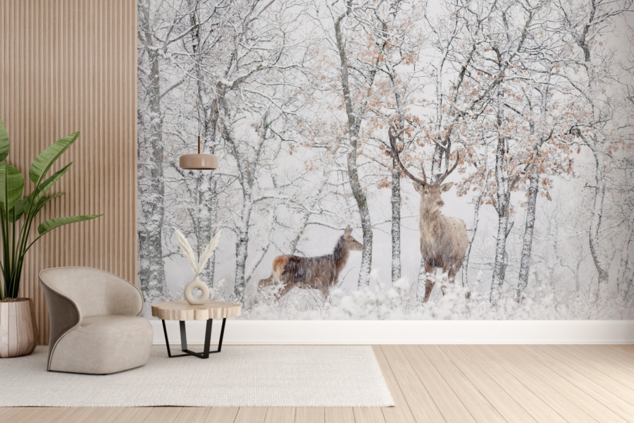 Fototapete Wildtiere im verschneiten Winter Hirsche im Weißen Wald - Hauptproduktbild