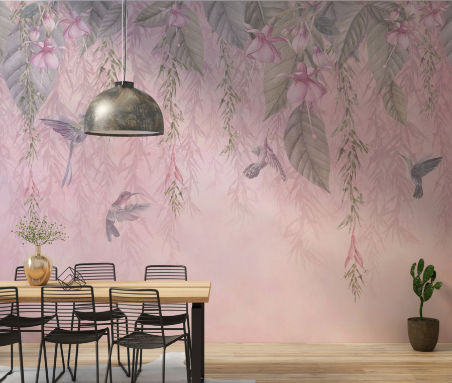 Fototapete mit dominierendem Farbton in warmem Rosa Hummingbirds in Flowers - Hauptproduktbild