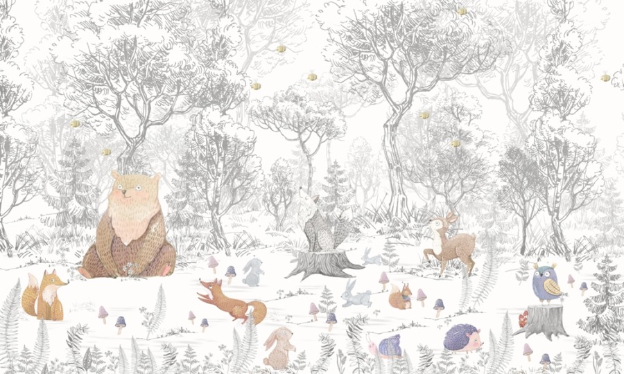 Fototapeta w leśnym klimacie w delikatnej tonacji Kolorowe Zwierzęta Leśne do pokoju dziecięcego - zdjęcie numer 2