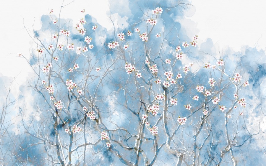 Fototapeta z wiosennymi gałązkami na tle błękitnego nieba Kwitnąca Wiśnia - zdjęcie numer 2
