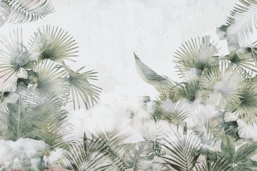 Fototapete mit Pflanzenmotiv in Grau- und Grüntönen Blätter im weißen Nebel - Bild Nummer 2