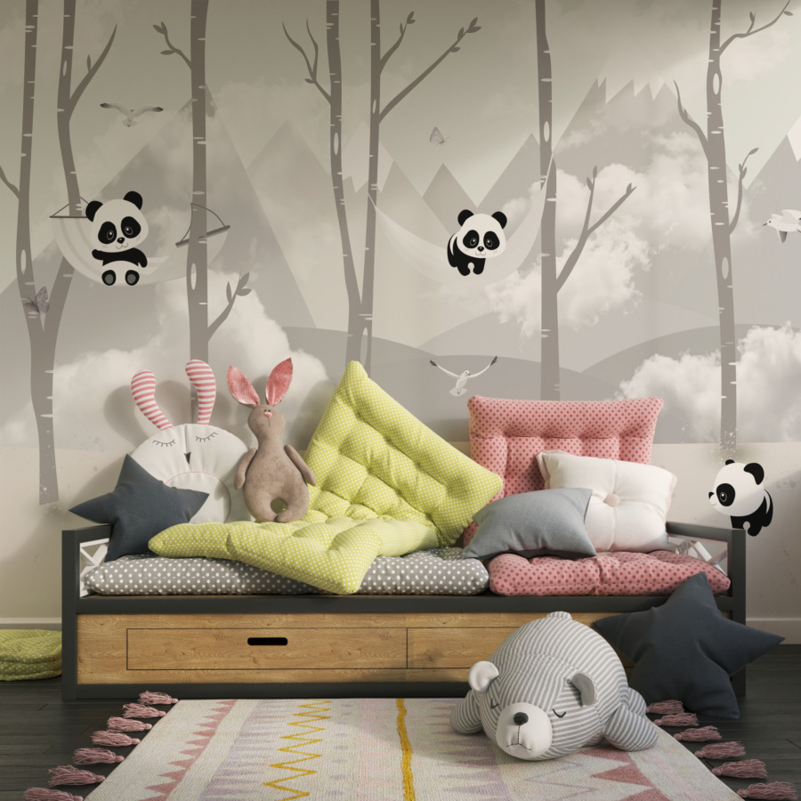Fototapete in sanften Grautönen Teddybären in den Silberbergen für Kinderzimmer - Hauptproduktbild