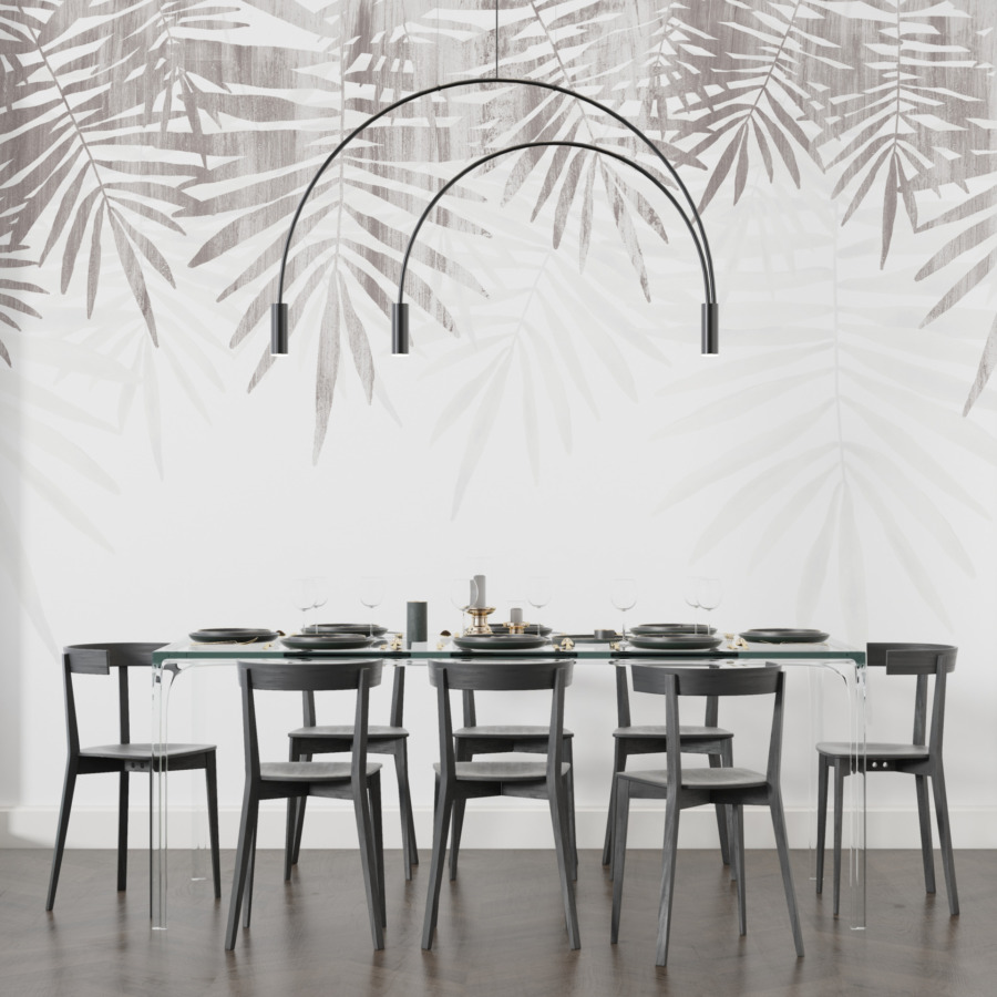 Fototapete mit exotischem Motiv in gedämpften Palmenfarben in Grau und Weiß - Hauptproduktionsbild