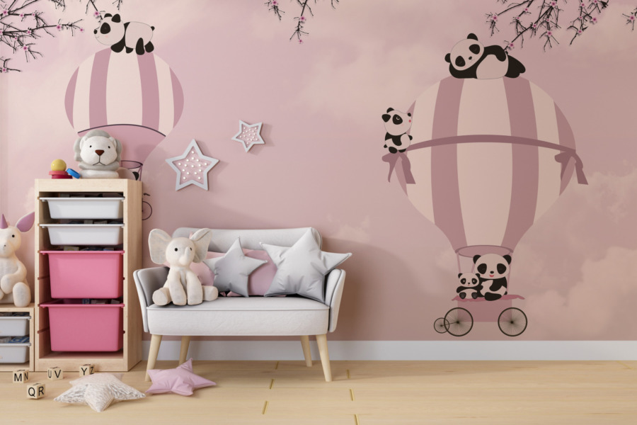 Fototapete in warmen Farben für Kinderzimmer Panda On Pink Sky - Hauptproduktbild