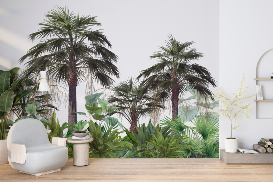 Fototapete mit exotischen Bäumen vor einem blauen Himmel Rosy Palms - Hauptproduktbild