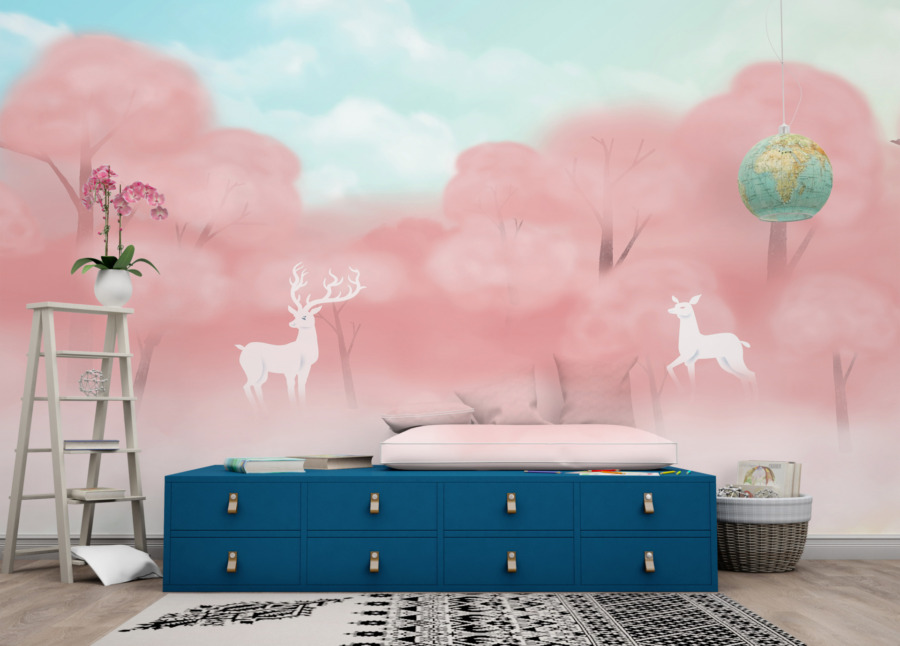 Fototapete in Märchentönen mit weißen Tieren in einem rosa Wald Pink Trees - Hauptproduktbild