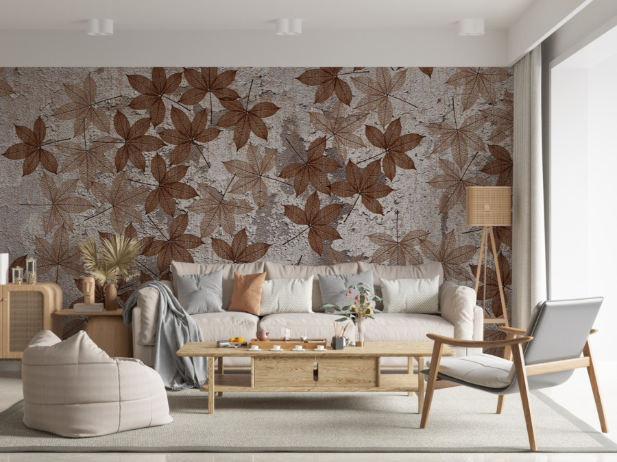 Fototapete in herbstlichen Brauntönen Wand aus feinen Blättern - Hauptproduktbild