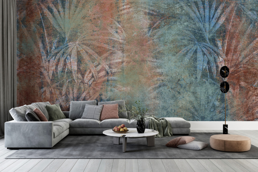 Fototapete in warmen Farben mit exotischem Motiv Umrisse von tropischen Palmen - Hauptproduktbild