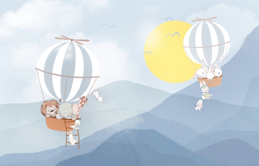 Tapete mit Luftballons in Blautönen Tiere im Flug über die Berge für Kinderzimmer - Bild Nummer 2