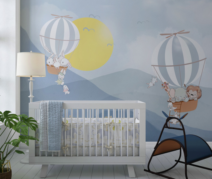 Fototapete Ballon in Blautönen Tiere im Flug über die Berge für Kinderzimmer - Hauptproduktbild